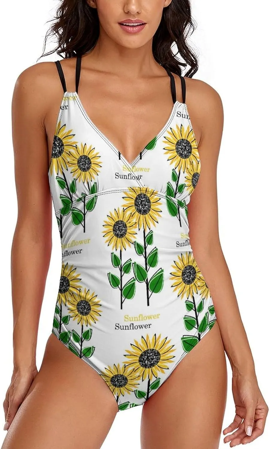 Women 1 Piece Swimwear Strappy Tummy Control Sunflowers Stylish Full Coverage Swimwears