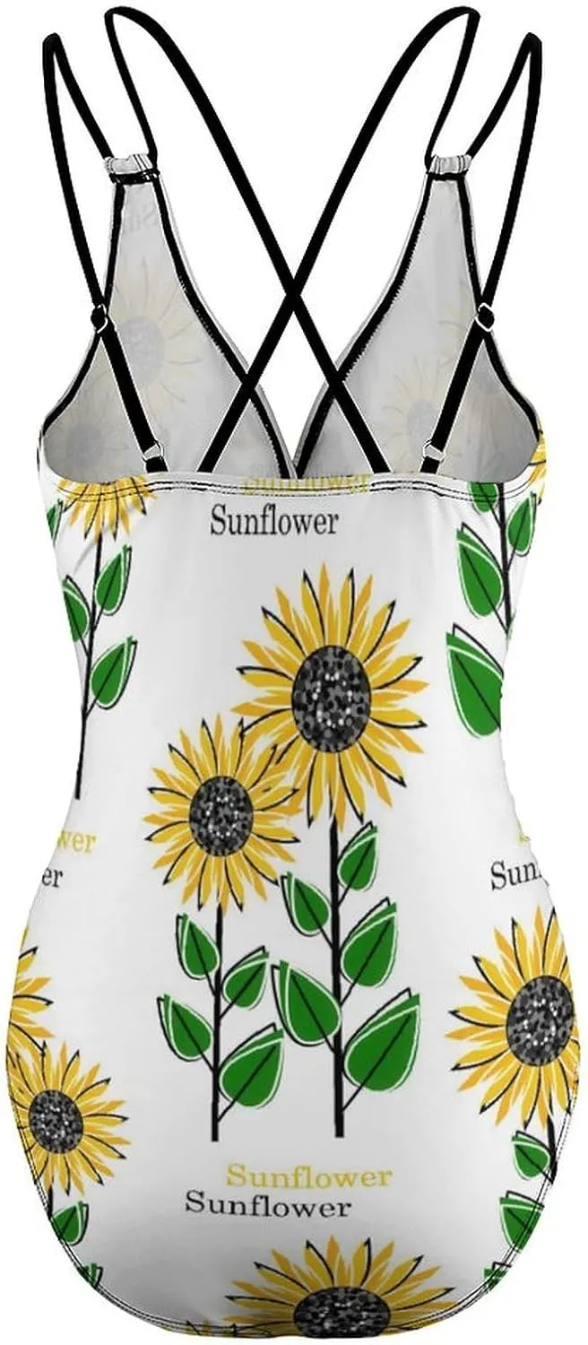 Women 1 Piece Swimwear Strappy Tummy Control Sunflowers Stylish Full Coverage Swimwears