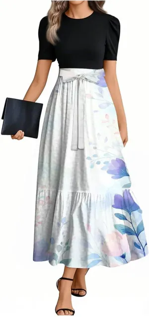 Women 2025 Floral Print Wrap Short Sleeve Maxi Dress- Patchwork Ruffle Hem A Line Dress Wedding Guest Dresses