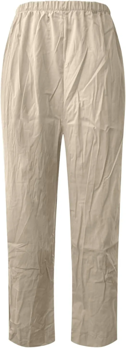 Women Capri Pants for Summer Casual Cotton Linen Plus Size Capris Loose Fitting Soft Cropped Pants with Pockets