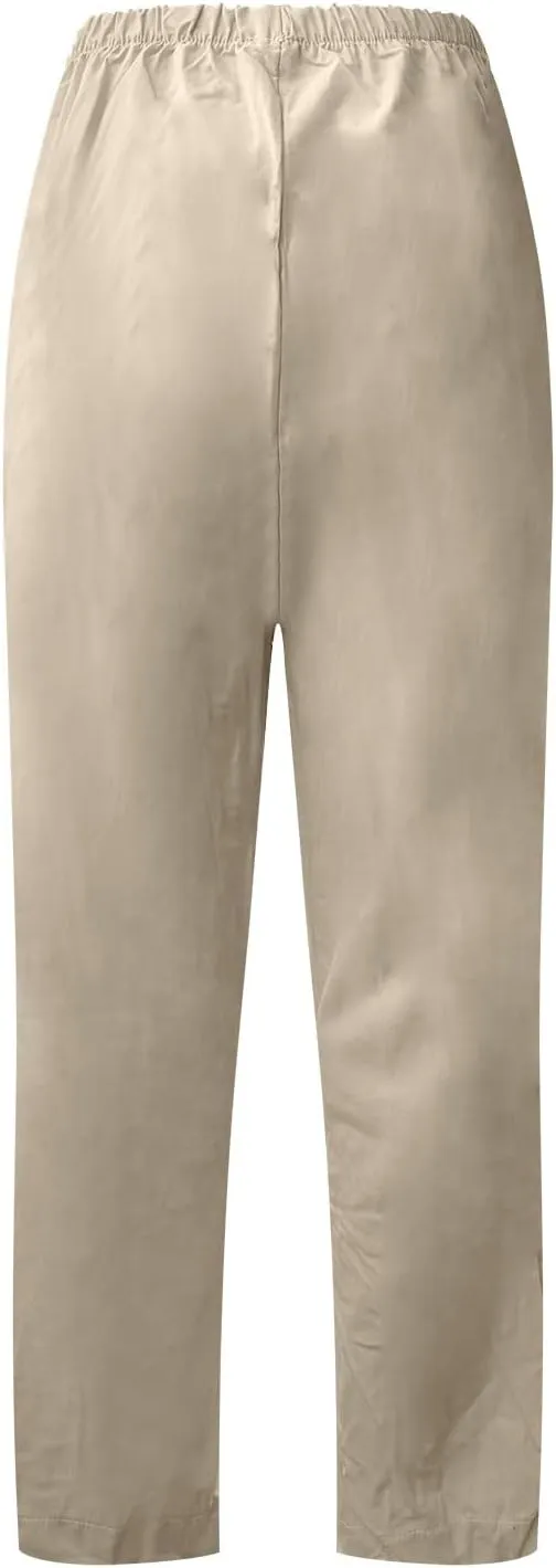 Women Capri Pants for Summer Casual Cotton Linen Plus Size Capris Loose Fitting Soft Cropped Pants with Pockets