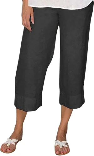 Women Capri Pants for Summer Casual Cotton Linen Plus Size Capris Loose Fitting Soft Cropped Pants with Pockets