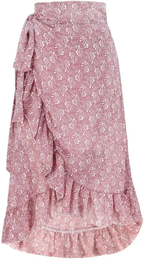 Women Chiffon Floral Midi Skirt High Waist Side Wrap Bohemian Asymmetric Long Skirt Summer Beach Wrap Cover Up Skirt