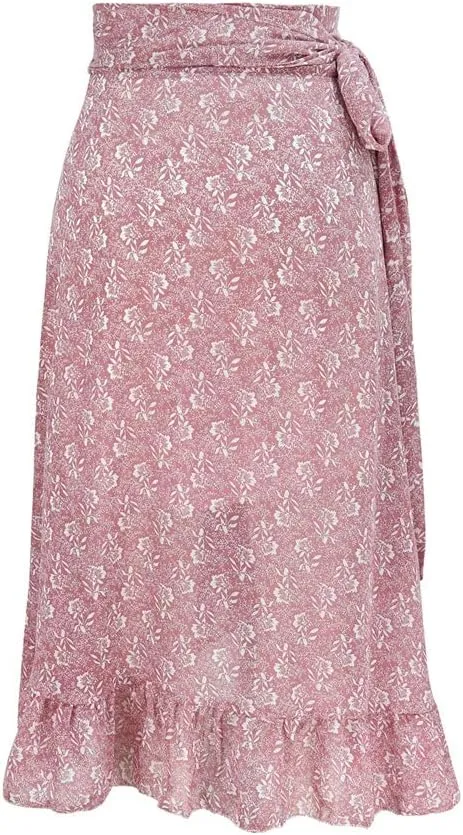 Women Chiffon Floral Midi Skirt High Waist Side Wrap Bohemian Asymmetric Long Skirt Summer Beach Wrap Cover Up Skirt