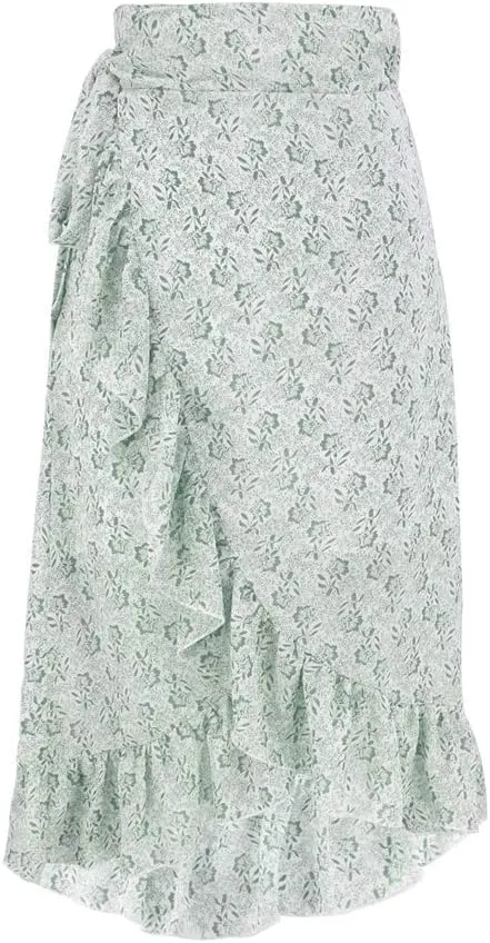 Women Chiffon Floral Midi Skirt High Waist Side Wrap Bohemian Asymmetric Long Skirt Summer Beach Wrap Cover Up Skirt