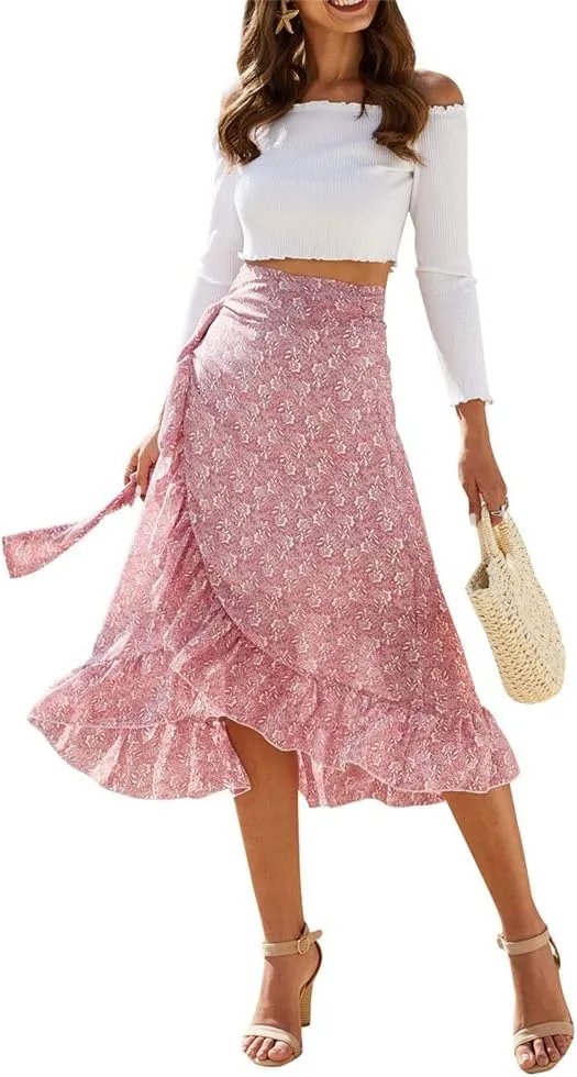 Women Chiffon Floral Midi Skirt High Waist Side Wrap Bohemian Asymmetric Long Skirt Summer Beach Wrap Cover Up Skirt