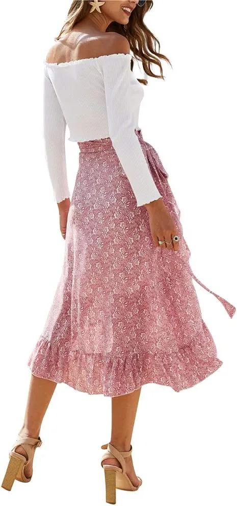 Women Chiffon Floral Midi Skirt High Waist Side Wrap Bohemian Asymmetric Long Skirt Summer Beach Wrap Cover Up Skirt