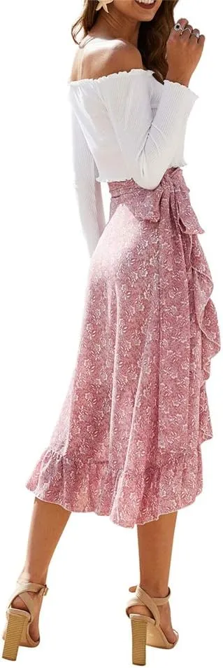 Women Chiffon Floral Midi Skirt High Waist Side Wrap Bohemian Asymmetric Long Skirt Summer Beach Wrap Cover Up Skirt