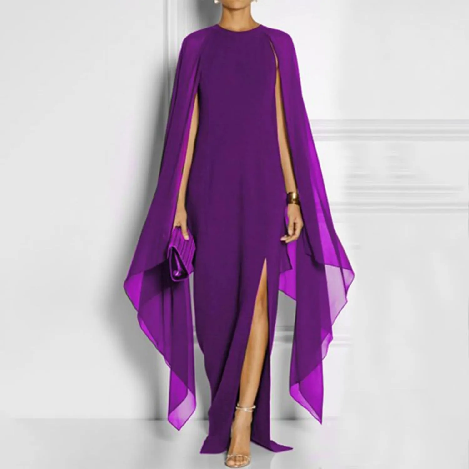 Women Elegant High Split Flare Sleeve Formal Evening Gown Maxi Dress 2025 Trendy Sexy Cocktail Party Flowy Long Dress