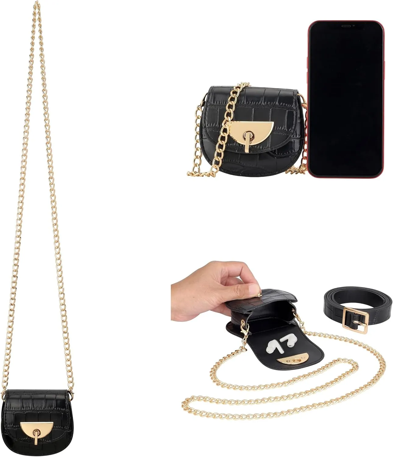 Women Fanny Waist Bag PU Leather Belt Bag for Women Fanny Pack Mini Belt Bag Crossbody Waist Purse Y2K Chain Bag Detachable (Black #1)