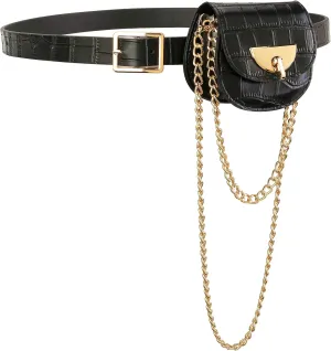 Women Fanny Waist Bag PU Leather Belt Bag for Women Fanny Pack Mini Belt Bag Crossbody Waist Purse Y2K Chain Bag Detachable (Black #1)