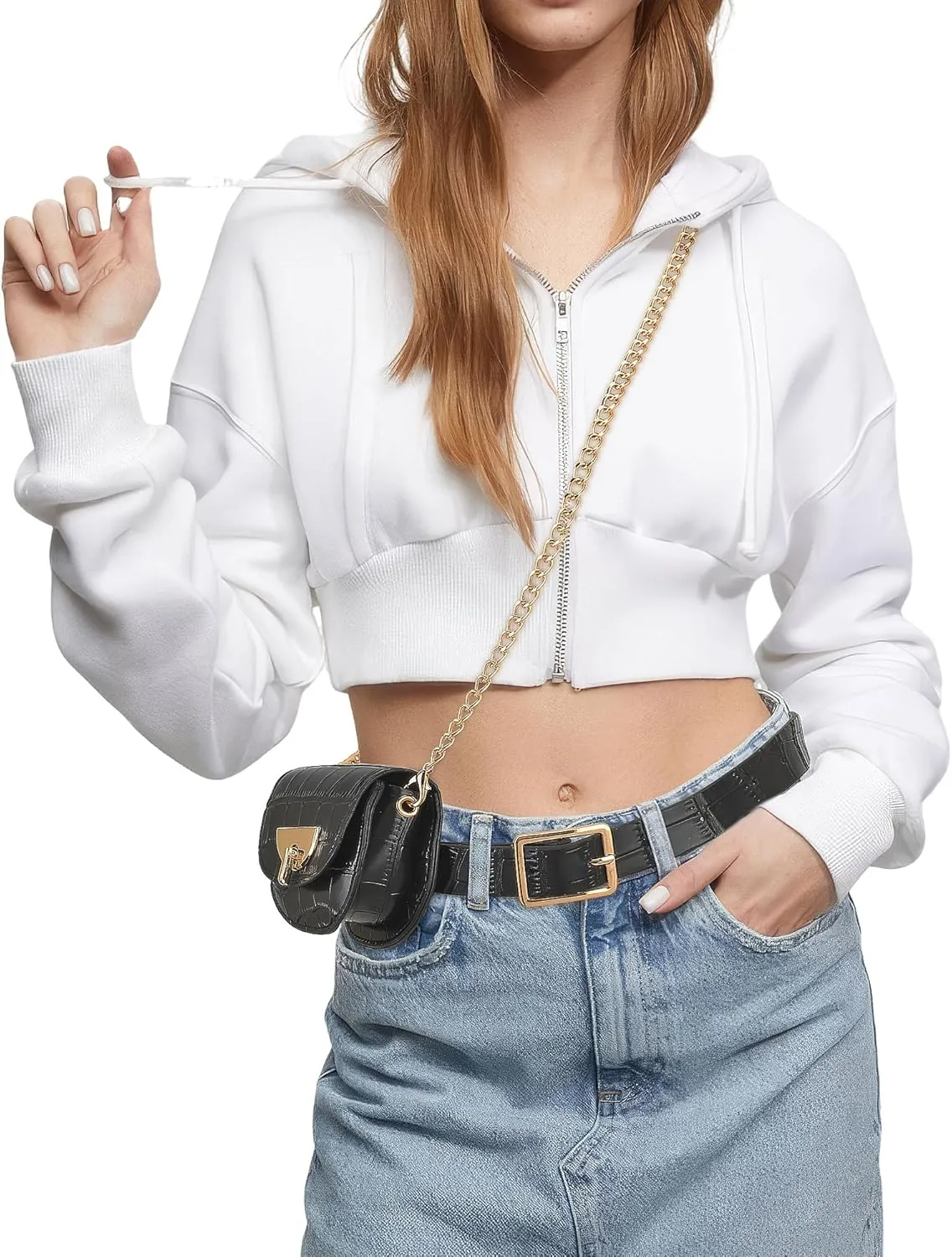 Women Fanny Waist Bag PU Leather Belt Bag for Women Fanny Pack Mini Belt Bag Crossbody Waist Purse Y2K Chain Bag Detachable (Black #1)
