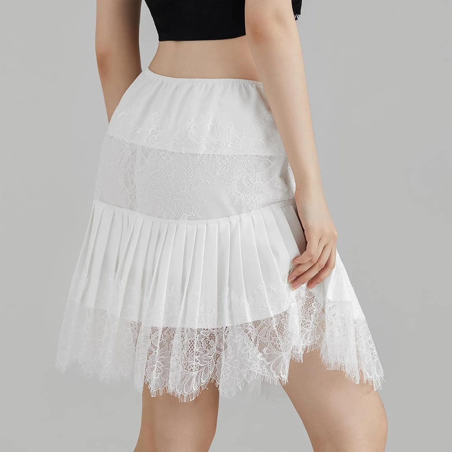 Women Lace Trim Slip Skirt Y2K Pleated Ruffle Mini Skirt Summer Floral Lace Tiered Short Skirts Underskirt