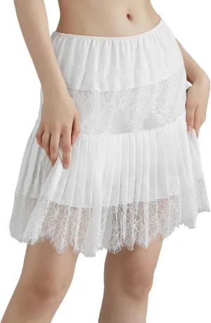 Women Lace Trim Slip Skirt Y2K Pleated Ruffle Mini Skirt Summer Floral Lace Tiered Short Skirts Underskirt