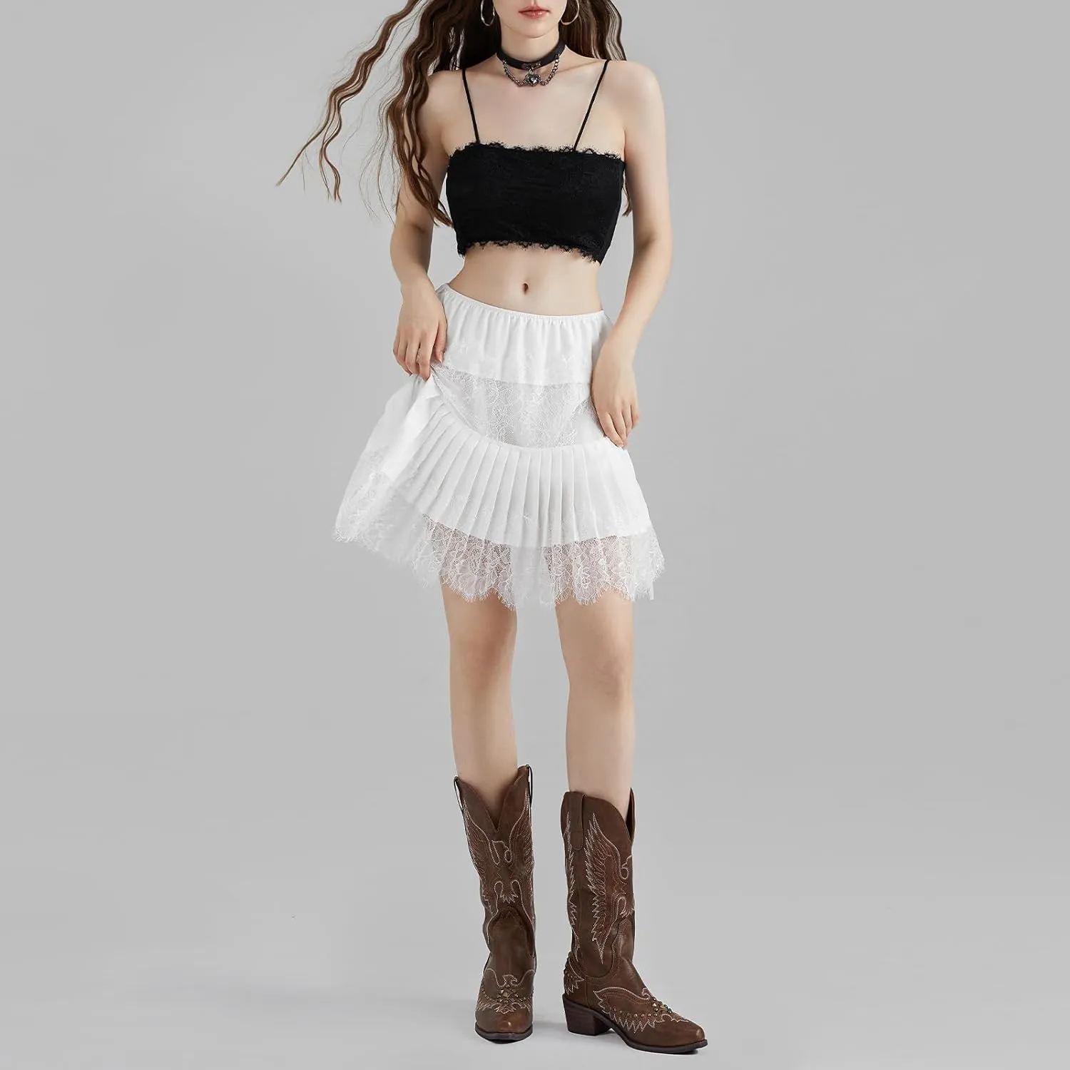Women Lace Trim Slip Skirt Y2K Pleated Ruffle Mini Skirt Summer Floral Lace Tiered Short Skirts Underskirt