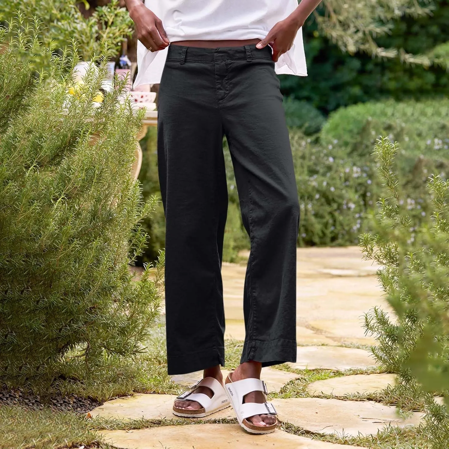 Women Linen Pants Casual Wide Leg Cropped Pants Dressy Pants with Pocket Plus Size Summer Loose Business Ankle Pants