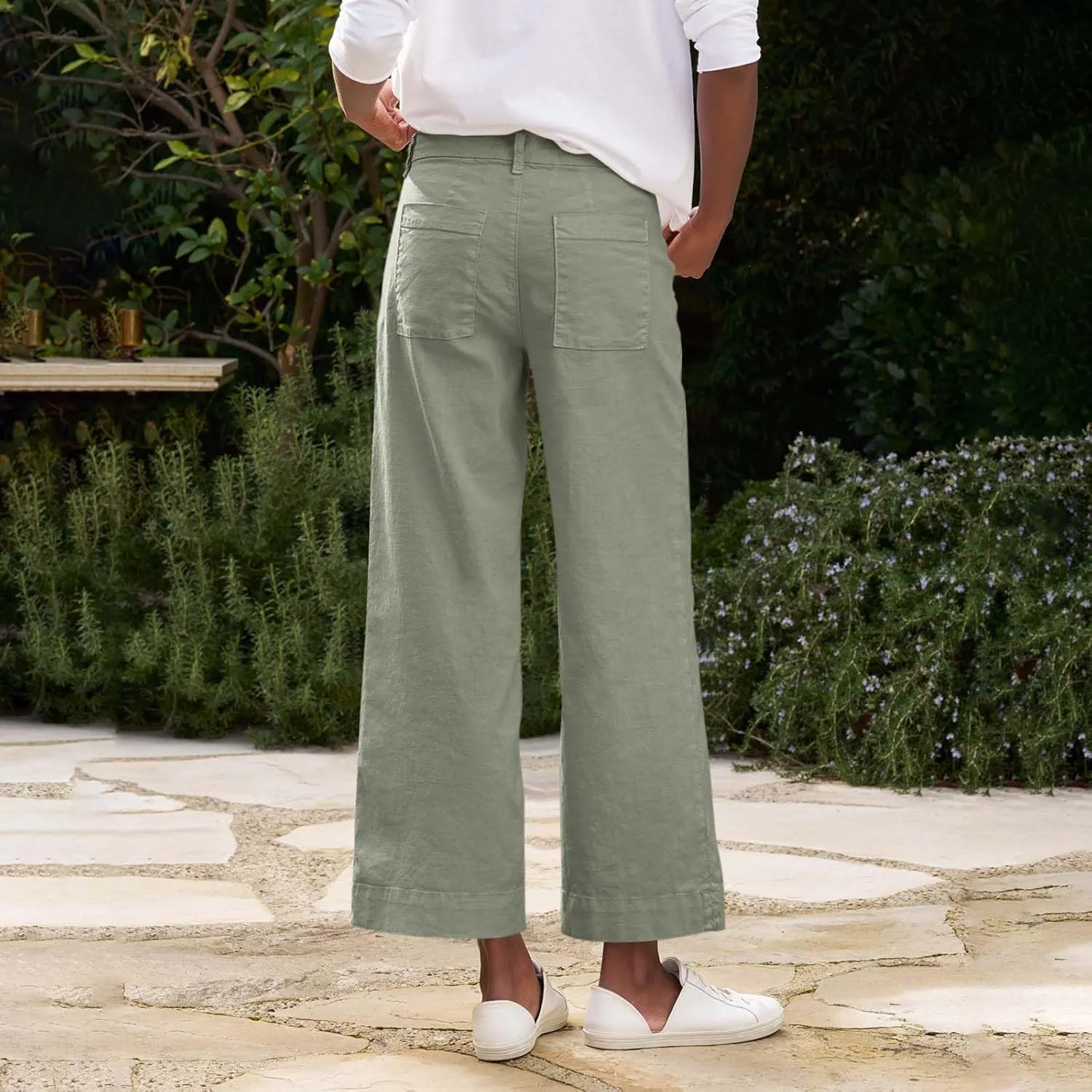 Women Linen Pants Casual Wide Leg Cropped Pants Dressy Pants with Pocket Plus Size Summer Loose Business Ankle Pants