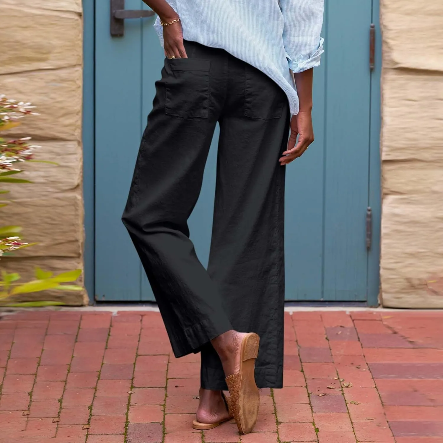Women Linen Pants Casual Wide Leg Cropped Pants Dressy Pants with Pocket Plus Size Summer Loose Business Ankle Pants