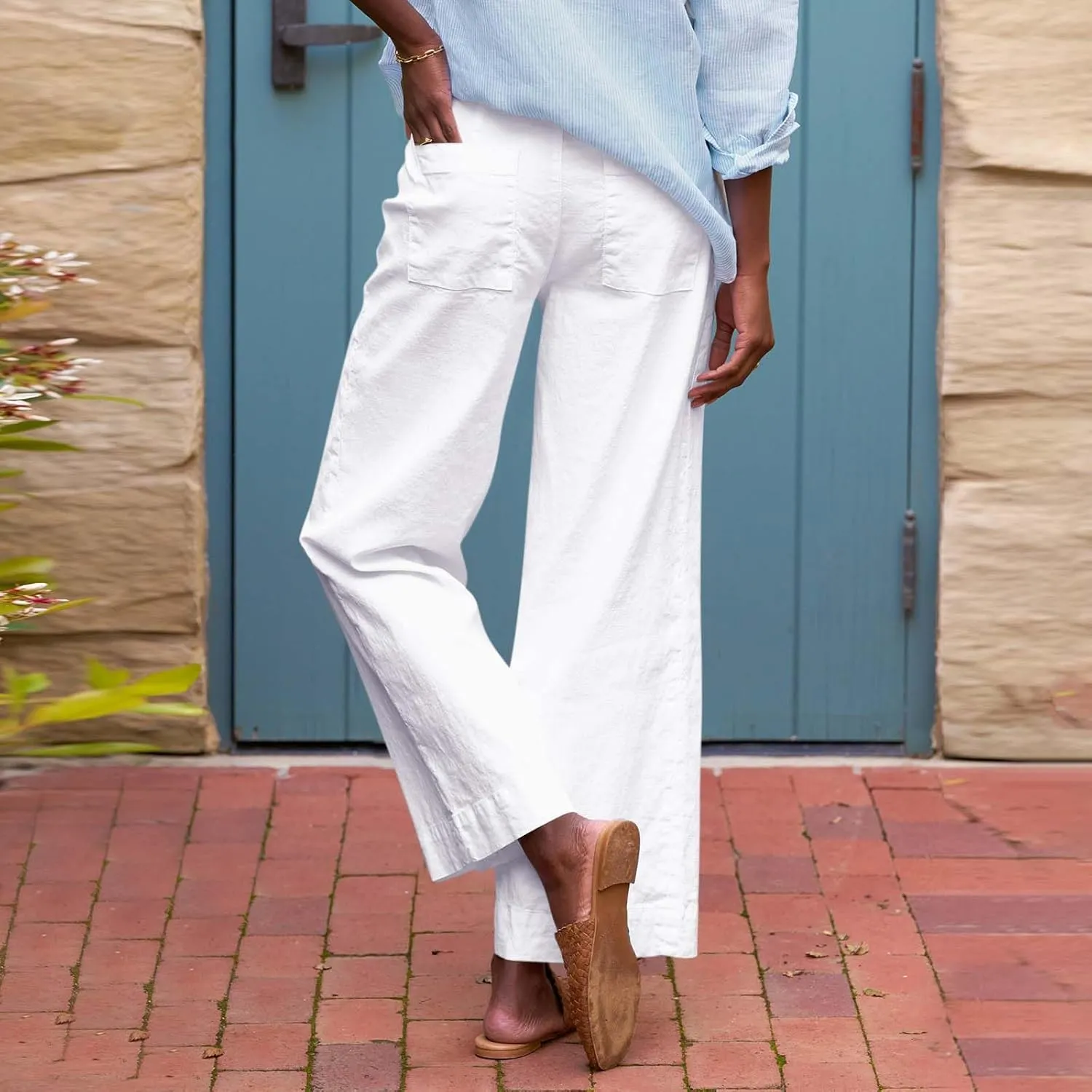 Women Linen Pants Casual Wide Leg Cropped Pants Dressy Pants with Pocket Plus Size Summer Loose Business Ankle Pants