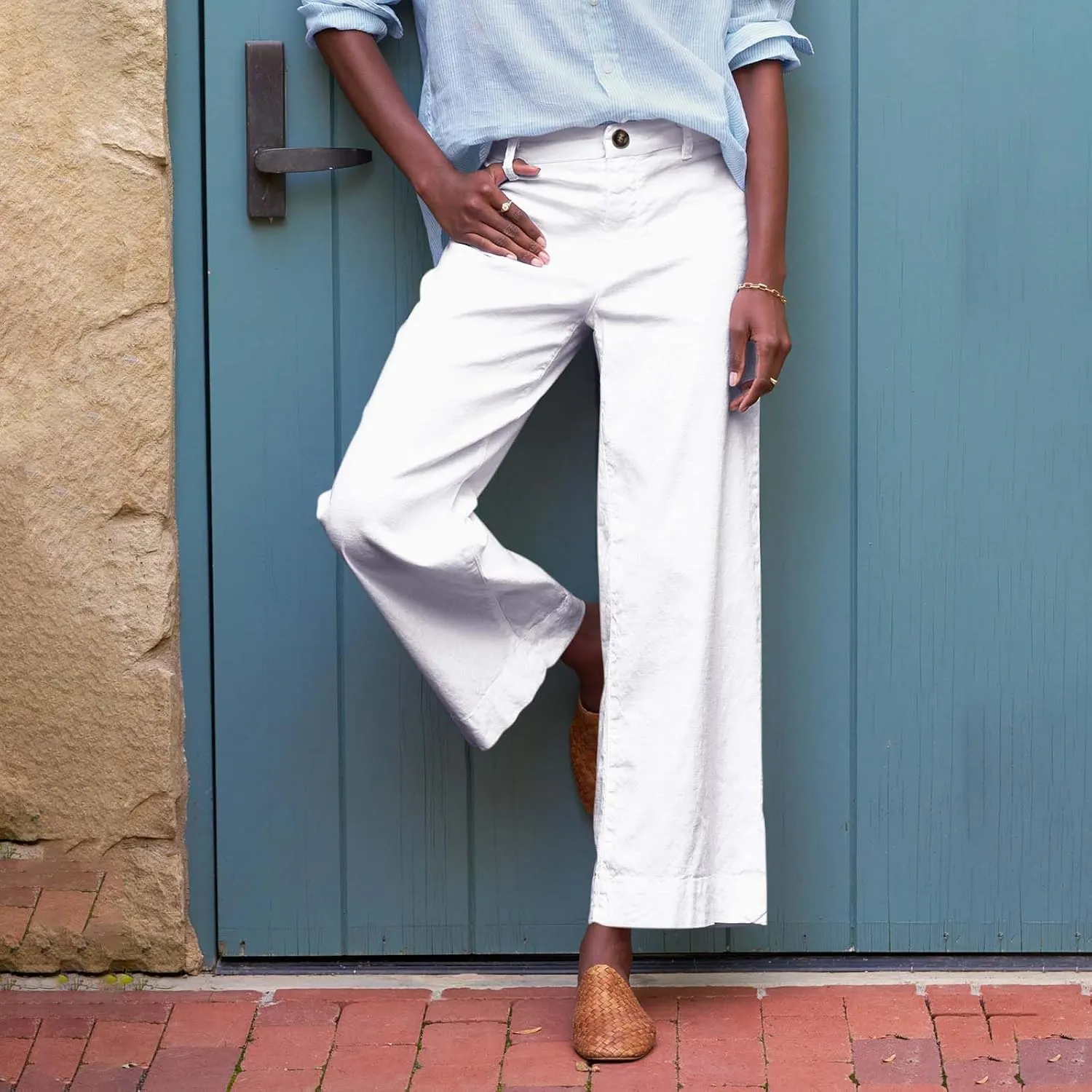 Women Linen Pants Casual Wide Leg Cropped Pants Dressy Pants with Pocket Plus Size Summer Loose Business Ankle Pants