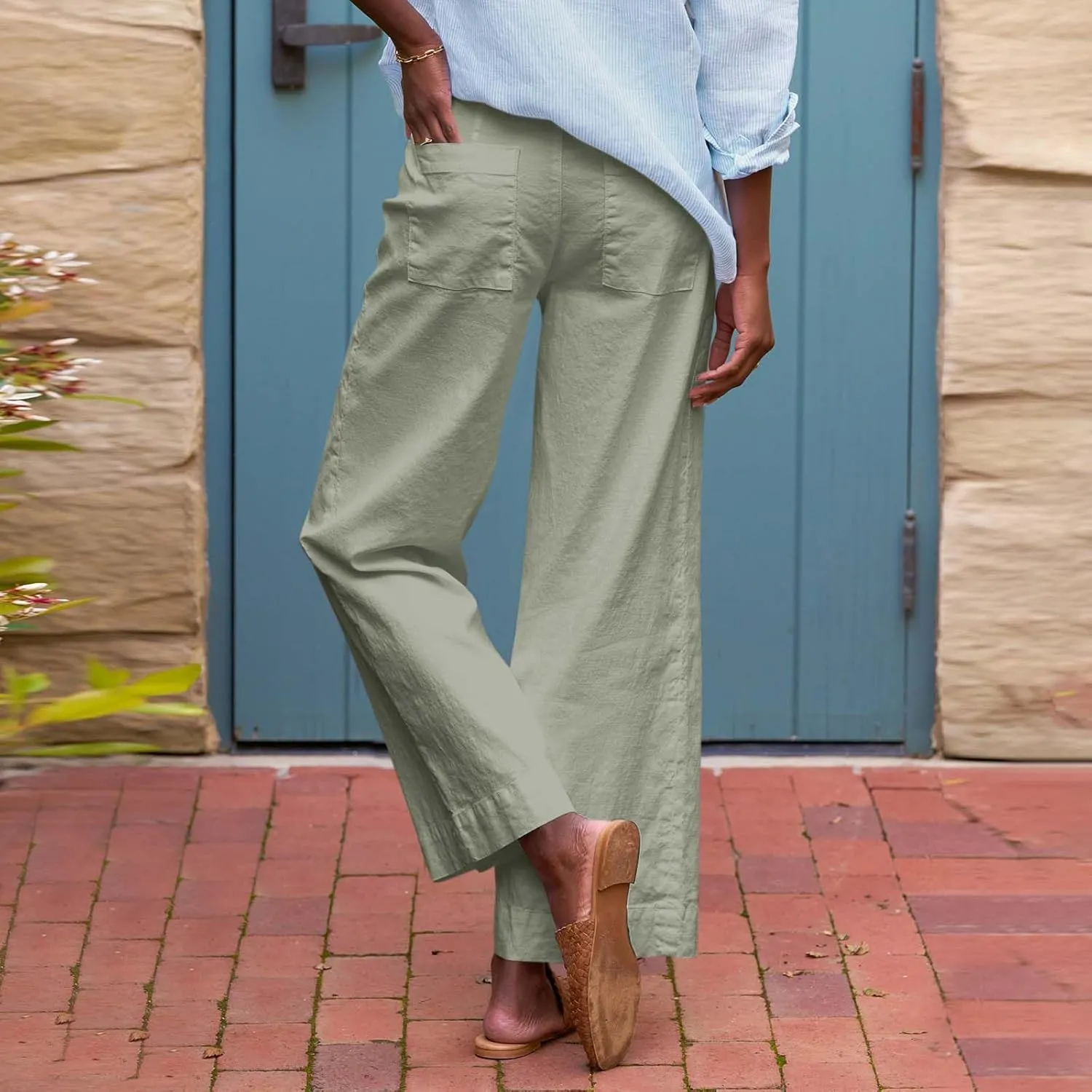 Women Linen Pants Casual Wide Leg Cropped Pants Dressy Pants with Pocket Plus Size Summer Loose Business Ankle Pants
