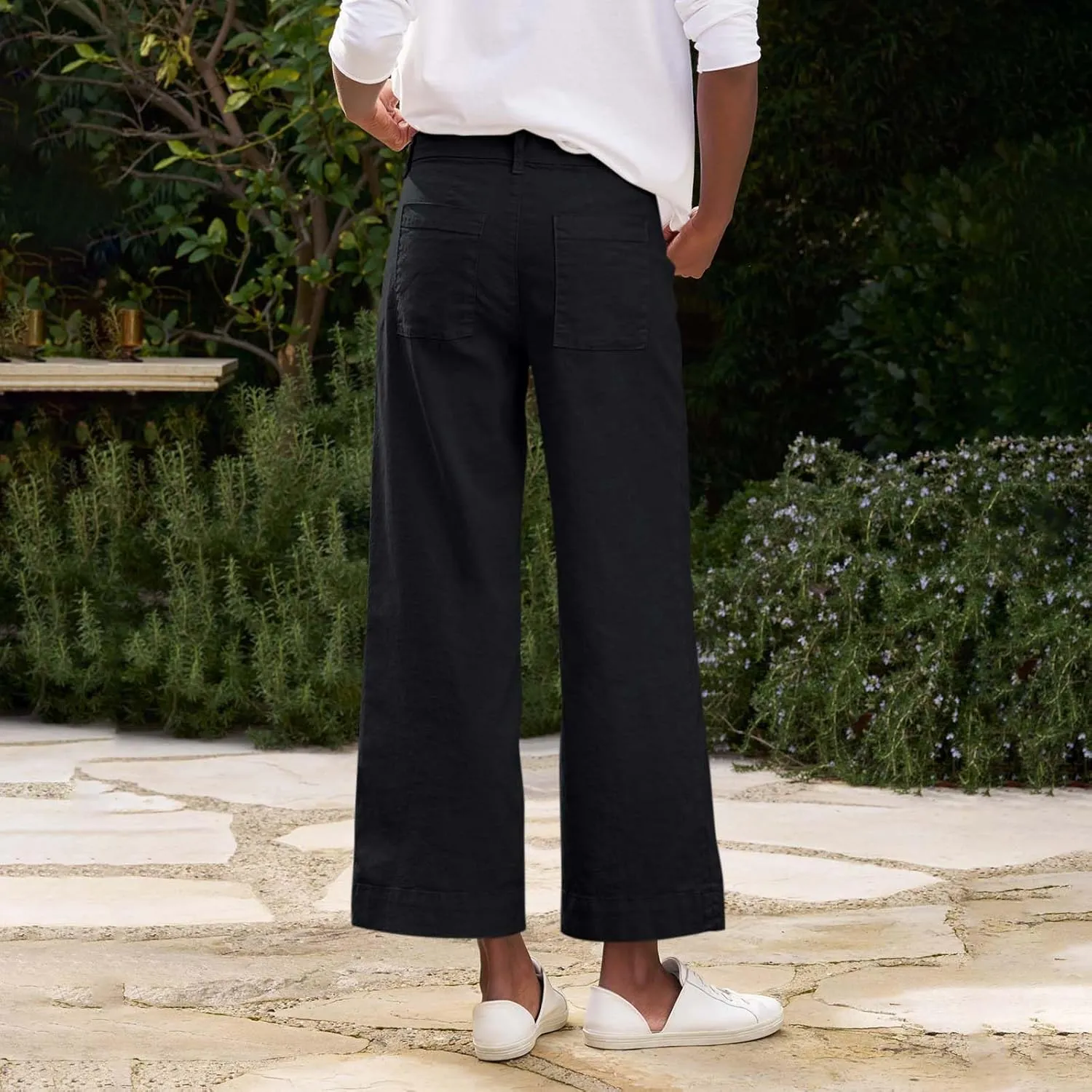Women Linen Pants Casual Wide Leg Cropped Pants Dressy Pants with Pocket Plus Size Summer Loose Business Ankle Pants