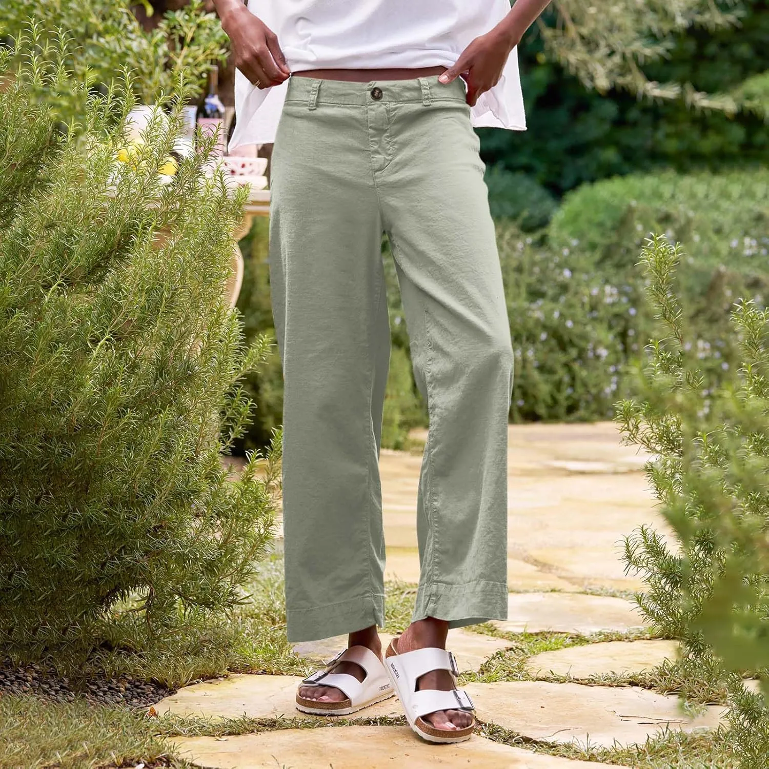 Women Linen Pants Casual Wide Leg Cropped Pants Dressy Pants with Pocket Plus Size Summer Loose Business Ankle Pants