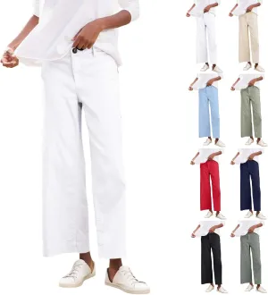 Women Linen Pants Casual Wide Leg Cropped Pants Dressy Pants with Pocket Plus Size Summer Loose Business Ankle Pants
