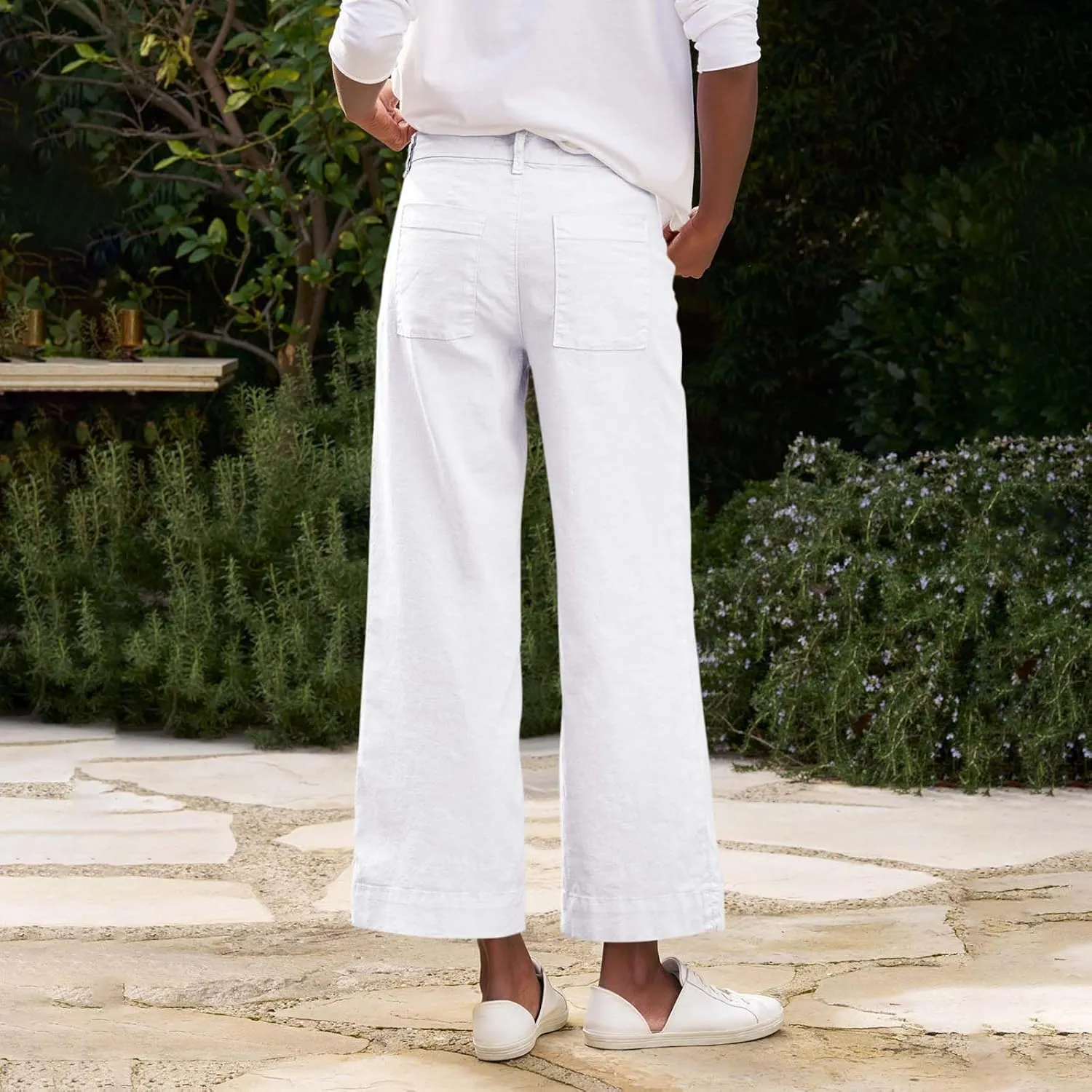 Women Linen Pants Casual Wide Leg Cropped Pants Dressy Pants with Pocket Plus Size Summer Loose Business Ankle Pants