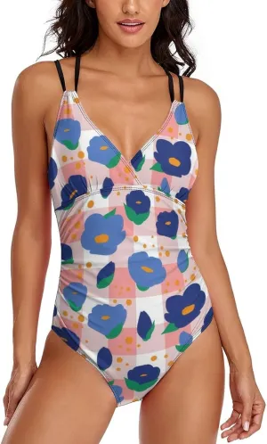 Women One Piece Swimsuit Halterneck Tummy Control Cartoon Florals Casual Full Coverage Swimsuits