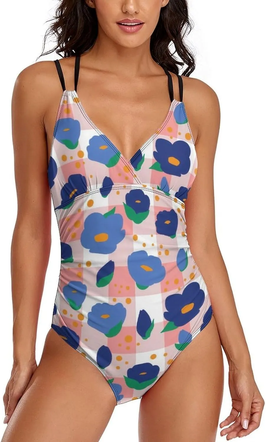 Women One Piece Swimsuit Halterneck Tummy Control Cartoon Florals Casual Full Coverage Swimsuits