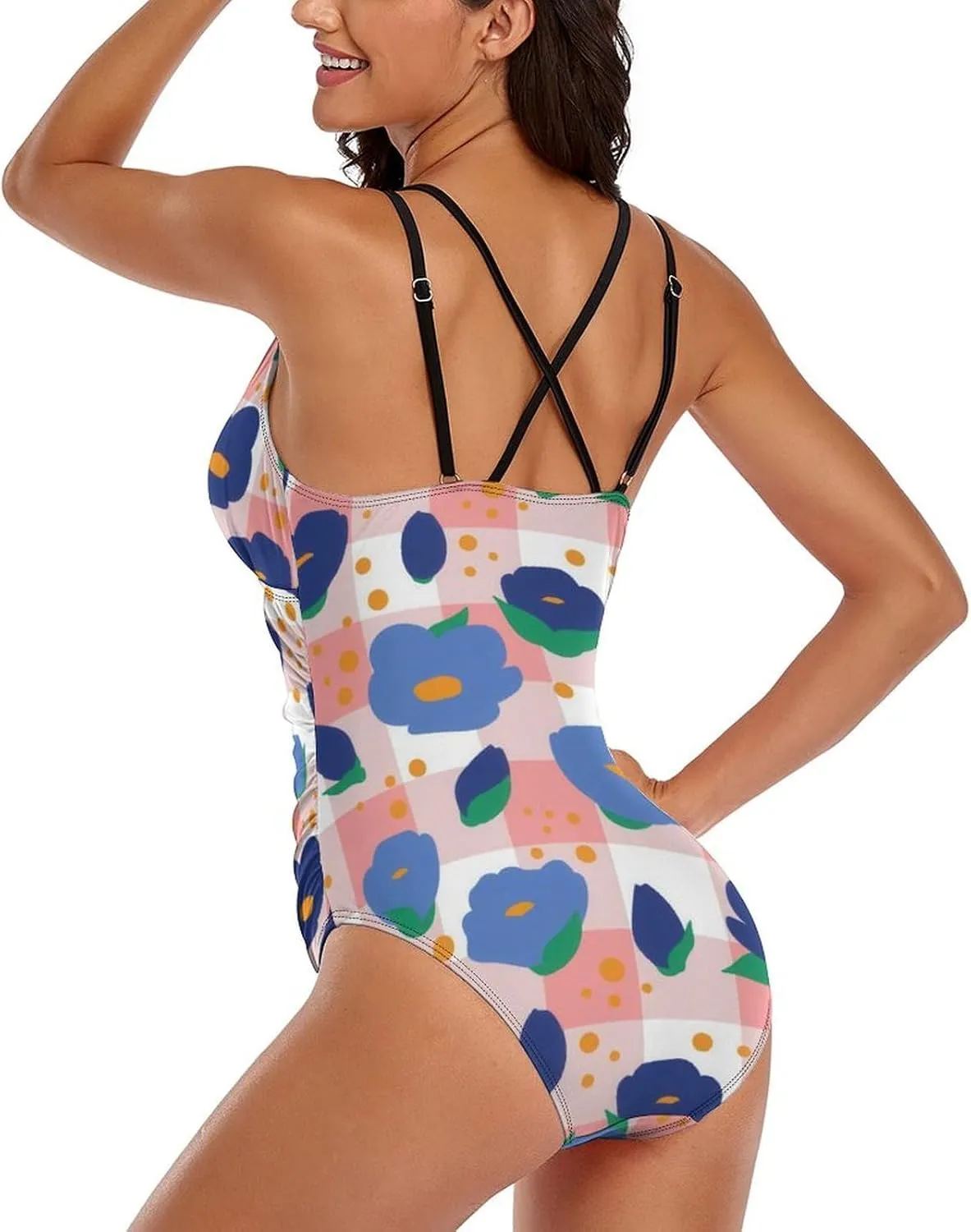 Women One Piece Swimsuit Halterneck Tummy Control Cartoon Florals Casual Full Coverage Swimsuits