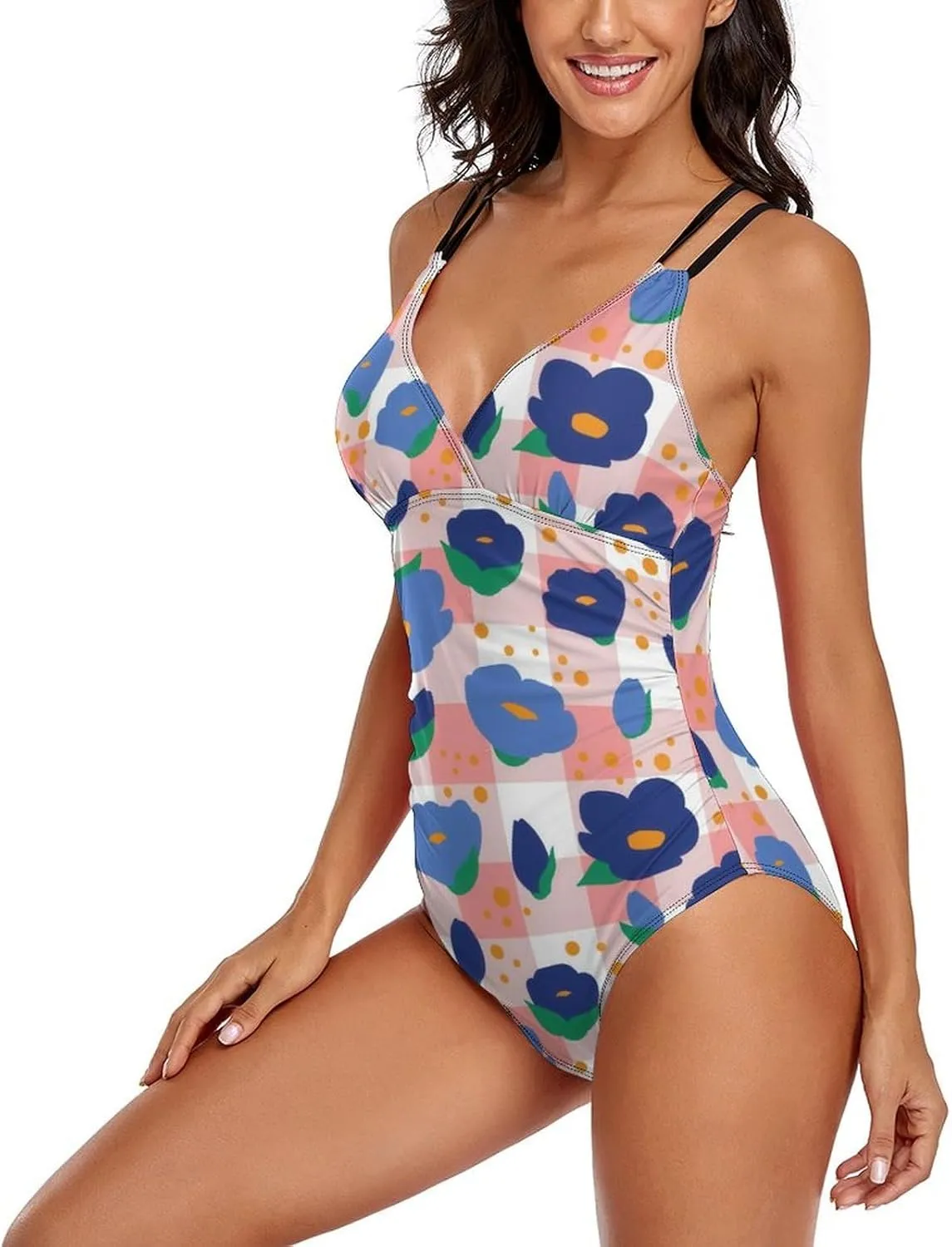 Women One Piece Swimsuit Halterneck Tummy Control Cartoon Florals Casual Full Coverage Swimsuits