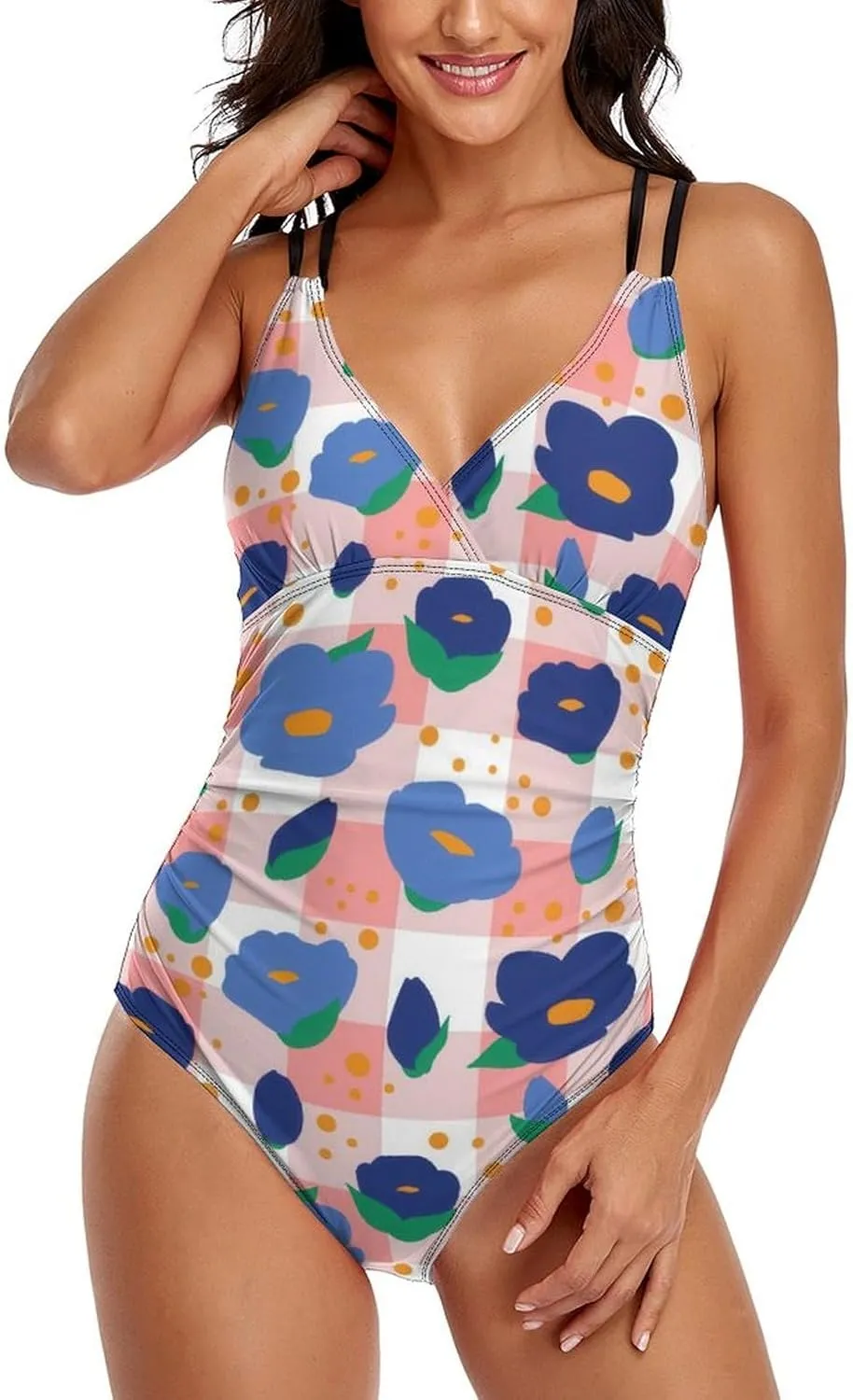 Women One Piece Swimsuit Halterneck Tummy Control Cartoon Florals Casual Full Coverage Swimsuits