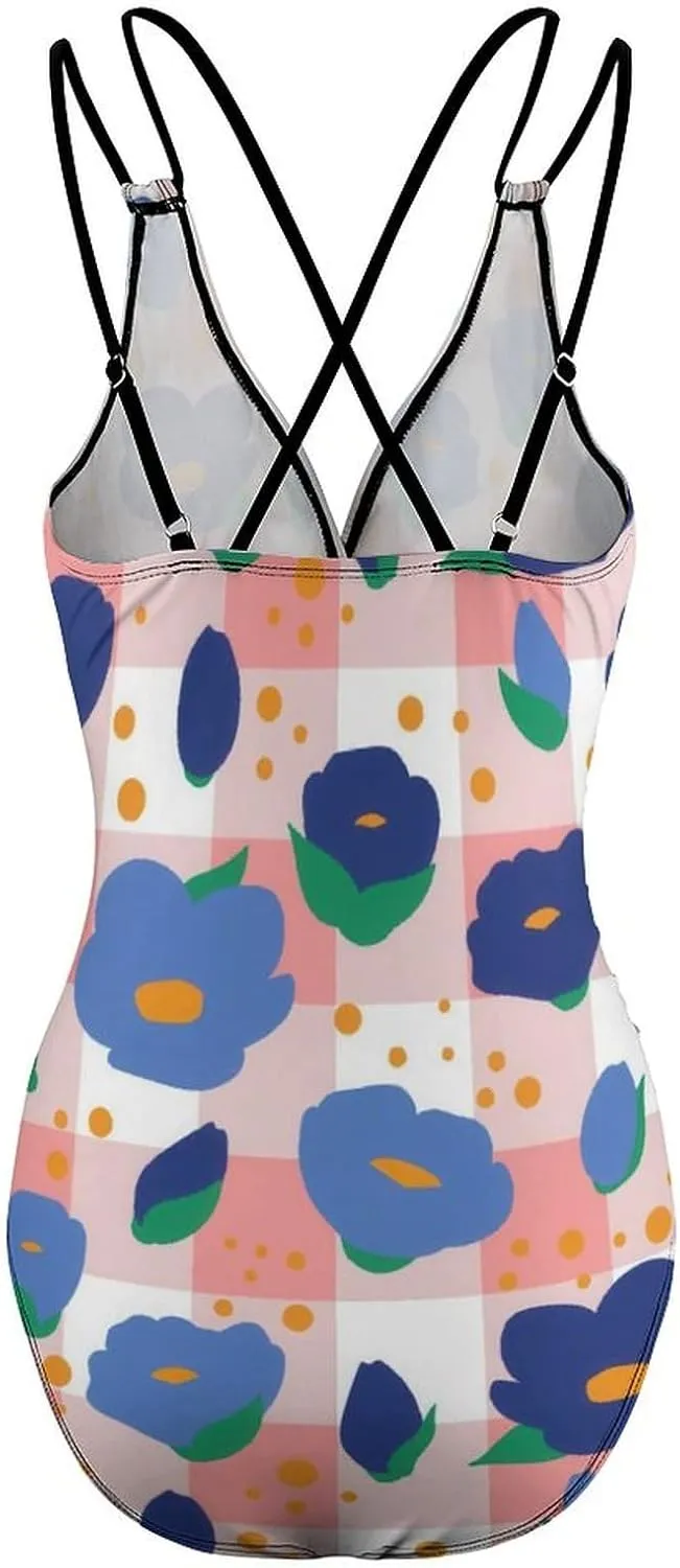 Women One Piece Swimsuit Halterneck Tummy Control Cartoon Florals Casual Full Coverage Swimsuits
