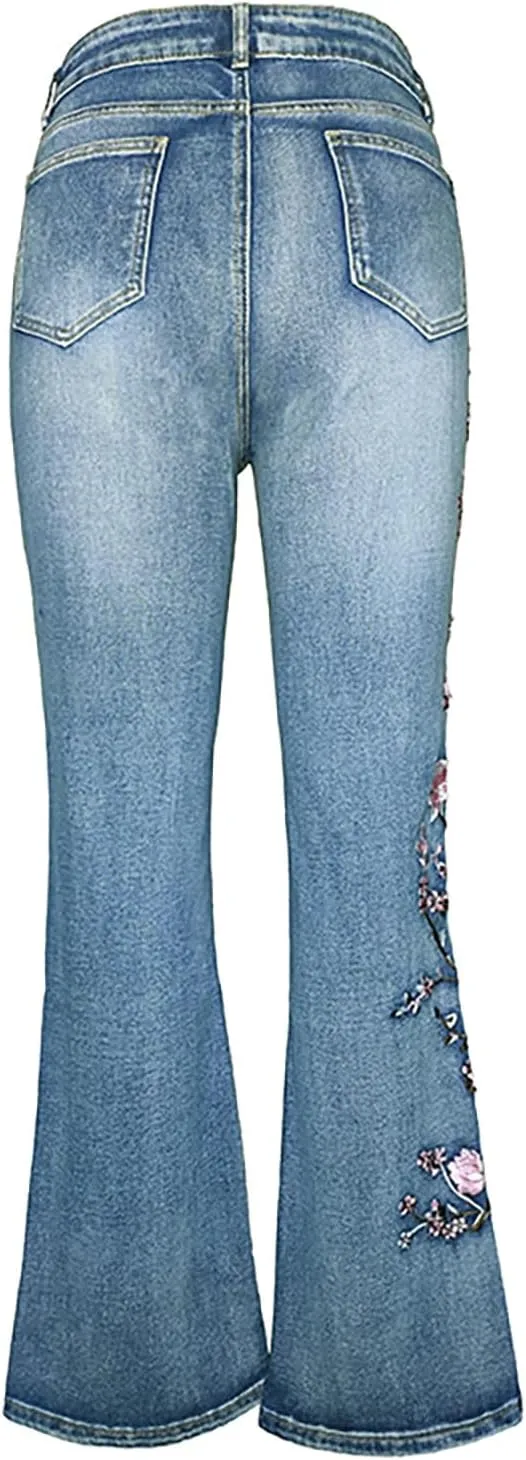 Women Retro Jeans High Waisted with Pocket Slim Fit Boot Cut Jeans for Women Flower Embroidered Jean Trousers
