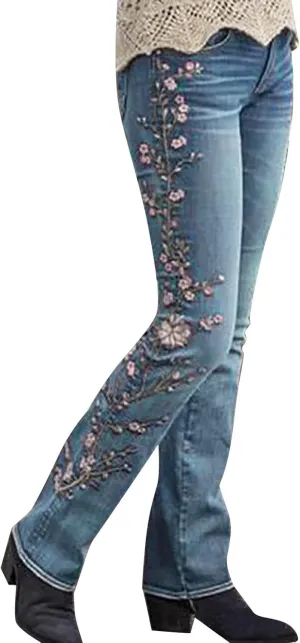 Women Retro Jeans High Waisted with Pocket Slim Fit Boot Cut Jeans for Women Flower Embroidered Jean Trousers