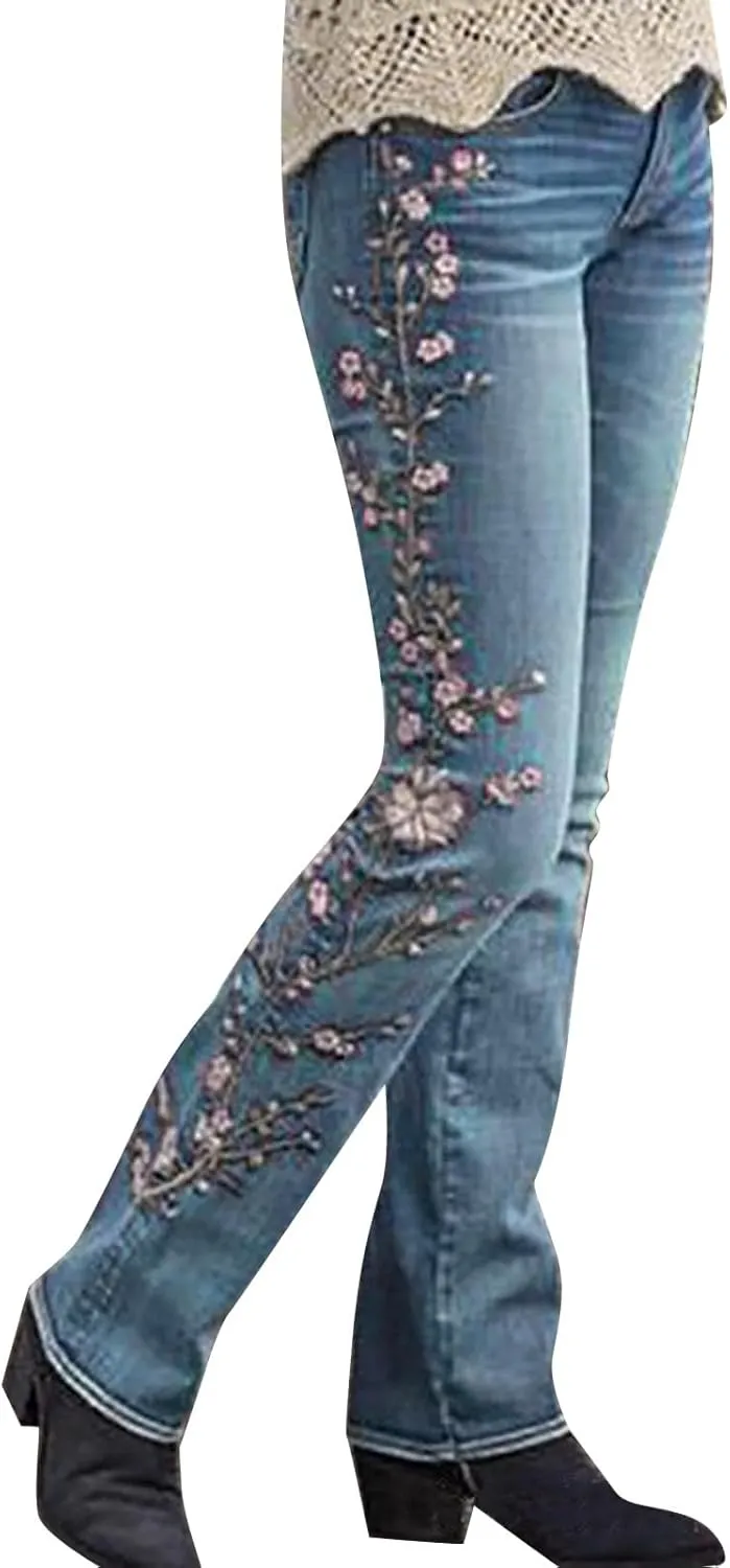 Women Retro Jeans High Waisted with Pocket Slim Fit Boot Cut Jeans for Women Flower Embroidered Jean Trousers