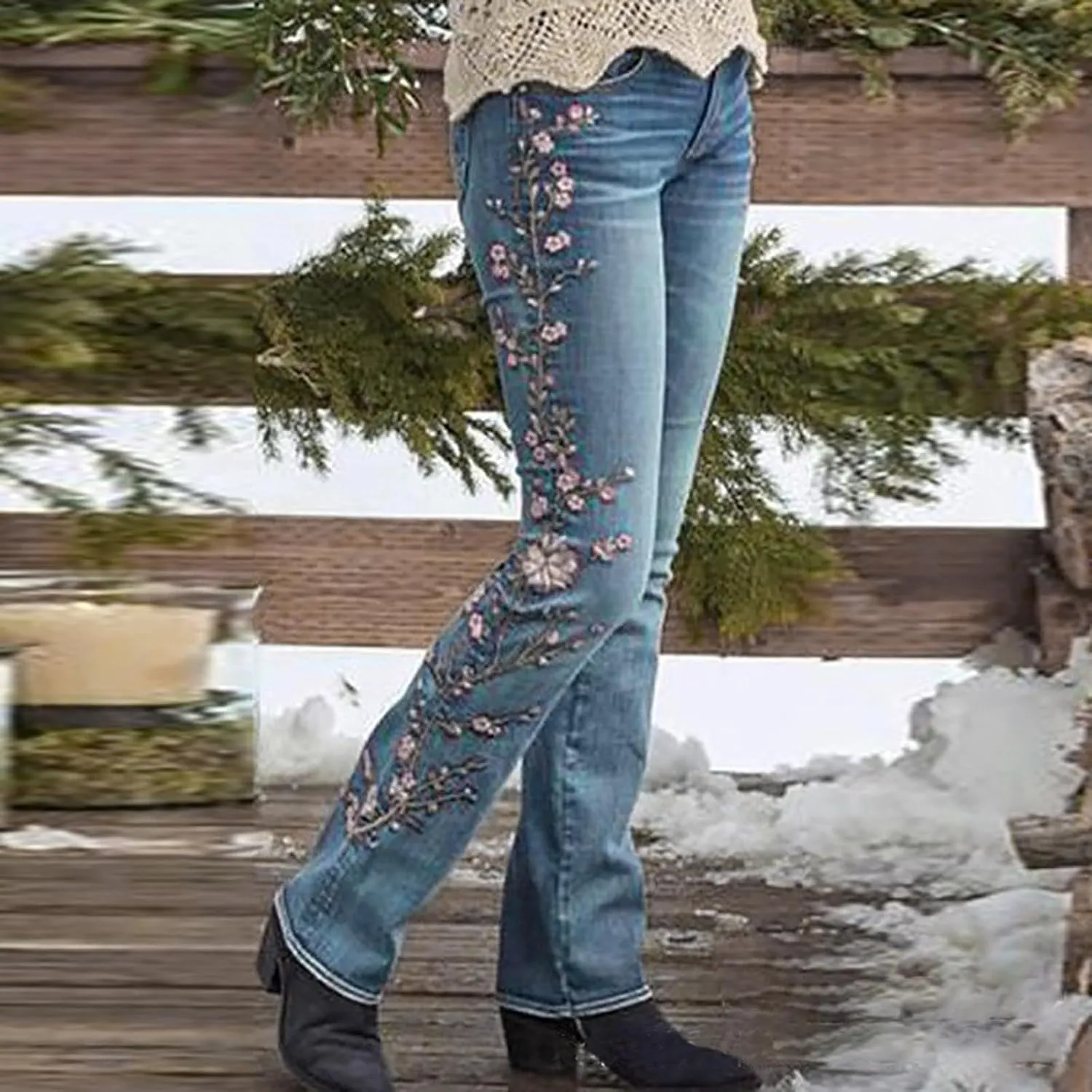 Women Retro Jeans High Waisted with Pocket Slim Fit Boot Cut Jeans for Women Flower Embroidered Jean Trousers