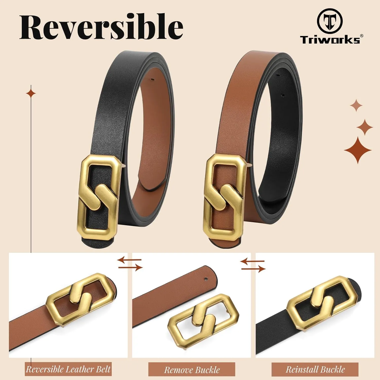 Women Reversible Leather Belt for Jeans, Ladies Waist Belt with Gold Buckle 0.9" Width