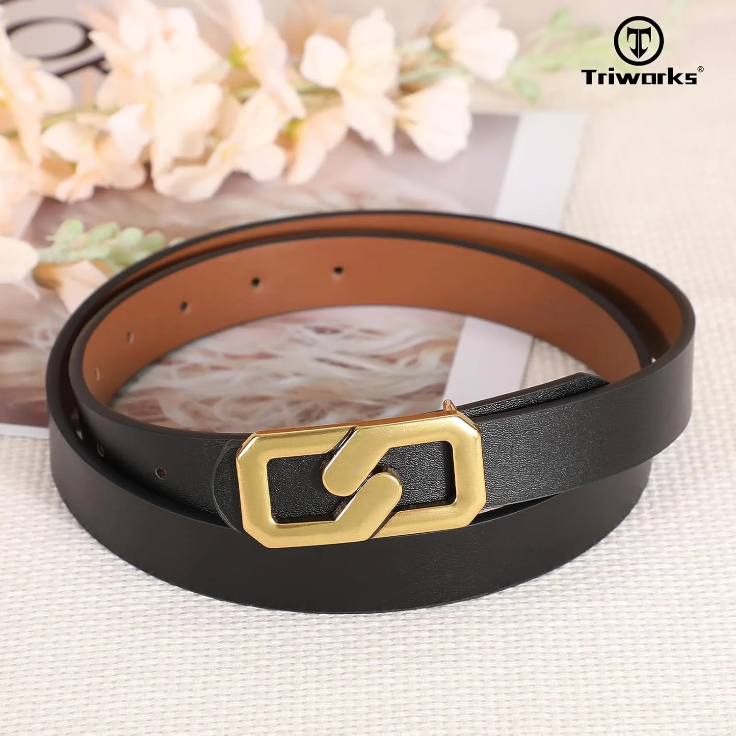 Women Reversible Leather Belt for Jeans, Ladies Waist Belt with Gold Buckle 0.9" Width