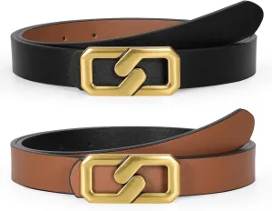 Women Reversible Leather Belt for Jeans, Ladies Waist Belt with Gold Buckle 0.9" Width