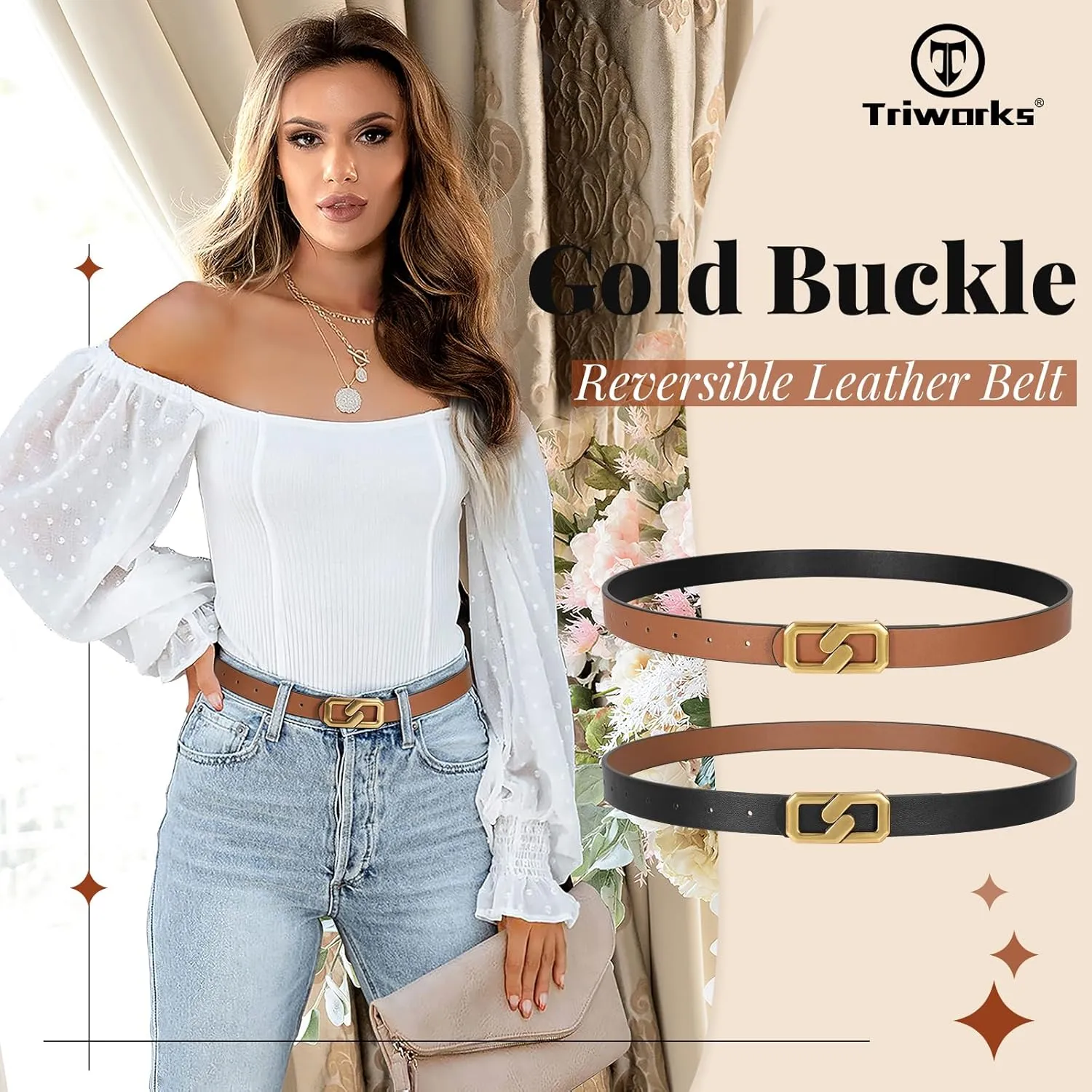 Women Reversible Leather Belt for Jeans, Ladies Waist Belt with Gold Buckle 0.9" Width