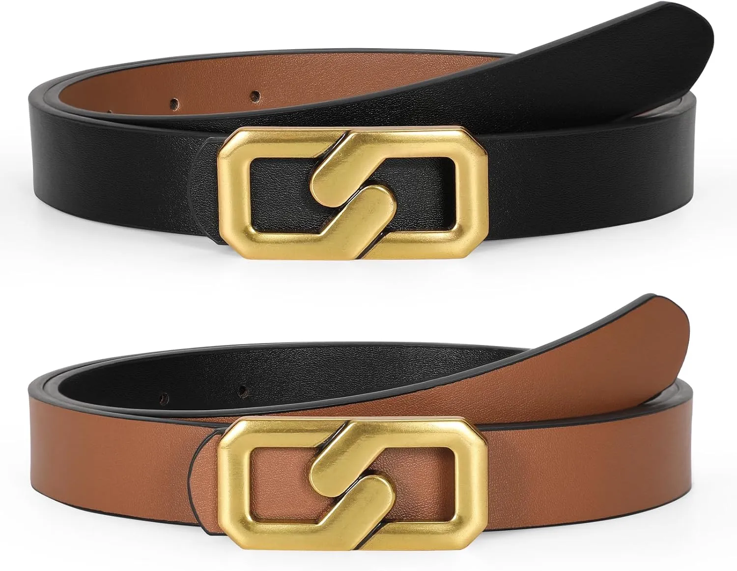 Women Reversible Leather Belt for Jeans, Ladies Waist Belt with Gold Buckle 0.9" Width