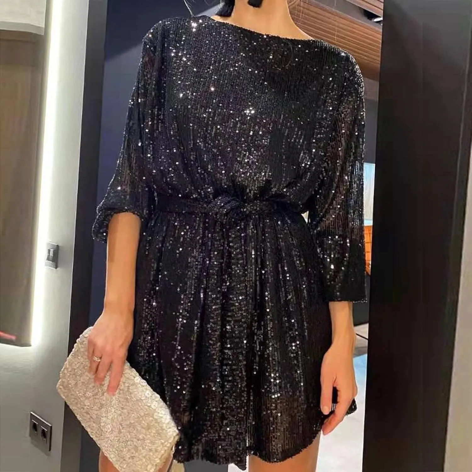 Women Sexy Sequin Dresses Long Sleeve Sparkly Glitter Ruched Bodycon Dress Party Night Out Club Dresses