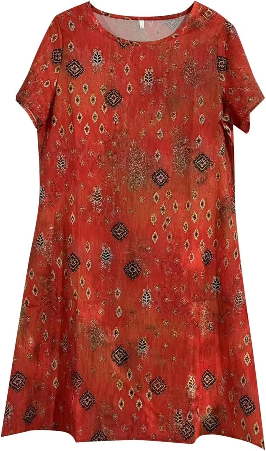 Women Short Sleeve Mini Dress Boho Plus Size Casual Loose Fit Summer Sundress Floral Print Shift Dress with Pockets