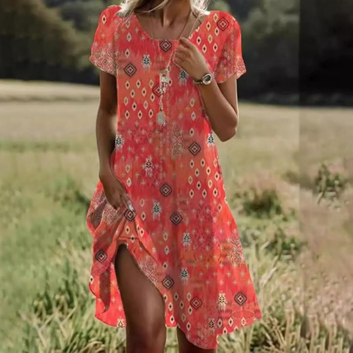 Women Short Sleeve Mini Dress Boho Plus Size Casual Loose Fit Summer Sundress Floral Print Shift Dress with Pockets