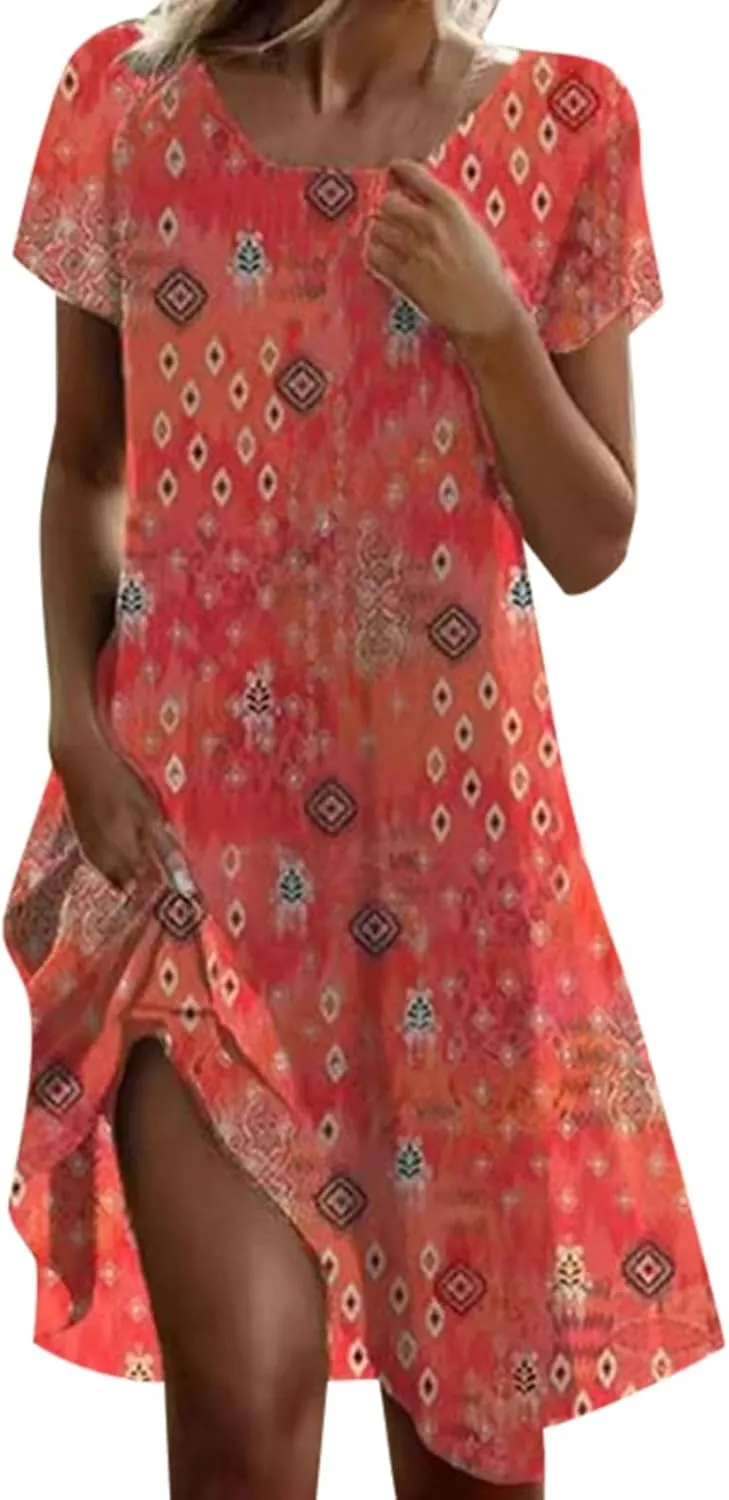 Women Short Sleeve Mini Dress Boho Plus Size Casual Loose Fit Summer Sundress Floral Print Shift Dress with Pockets
