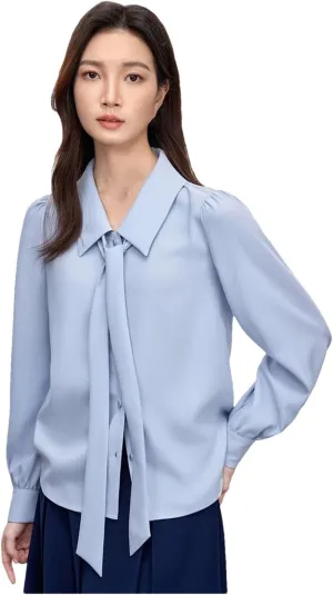 Women Straight Ribbon Shirts Chiffon Casual Solid Blouse Puff Sleeve Commute Office Lady Tops