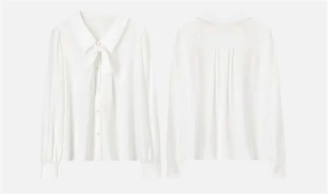 Women Straight Ribbon Shirts Chiffon Casual Solid Blouse Puff Sleeve Commute Office Lady Tops
